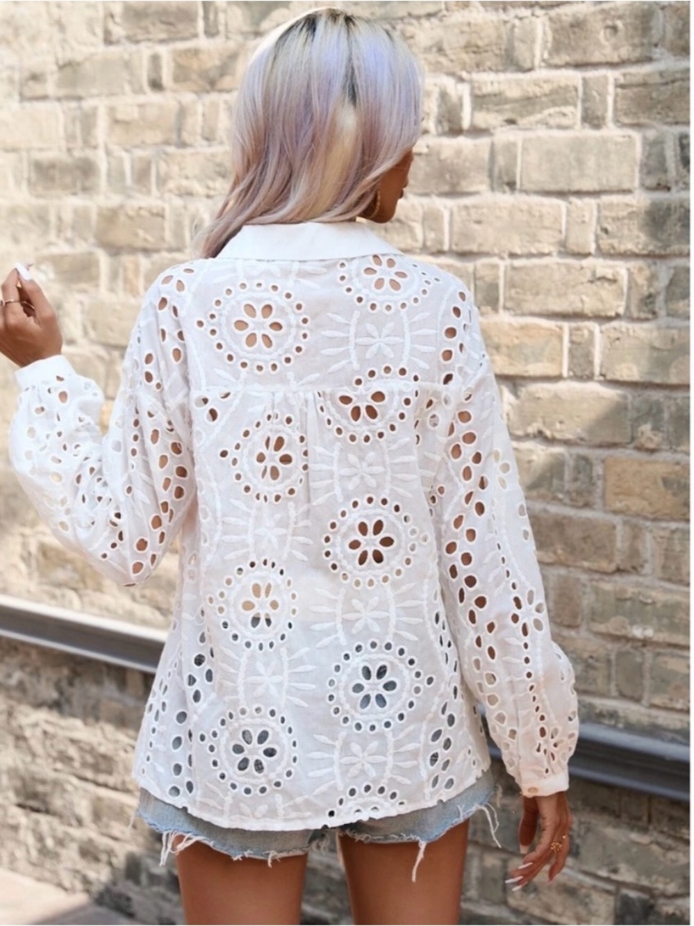 Women's White Eyelet Button-Up Shirt